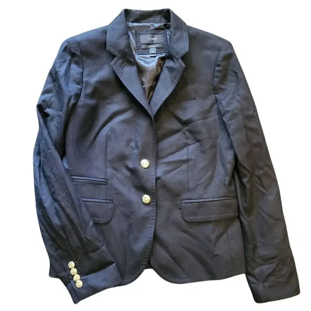J. Crew Schoolboy Blazer Women's 4 Black Wool Gold Button Tailored Preppy